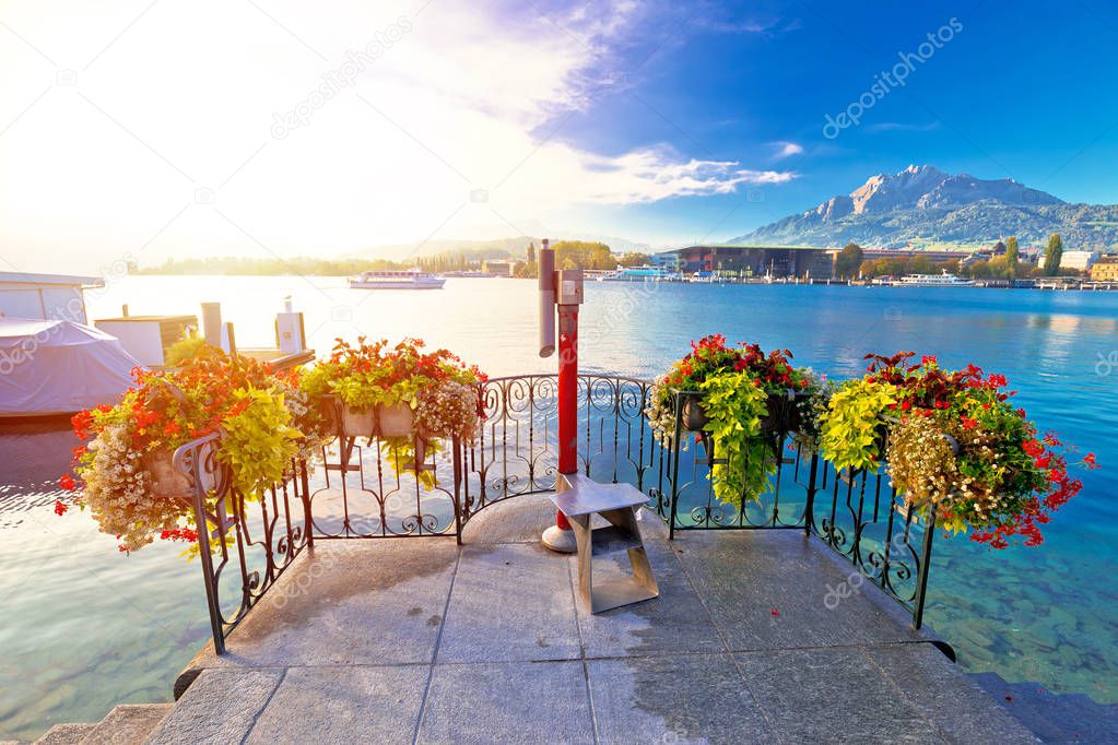 Colorful lake Luzern and Pilatus mountain peak view, amazing landscapes of Switzerland