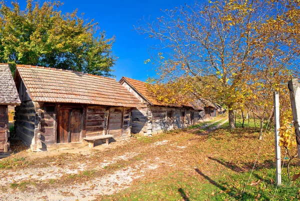 Wine Historic Street Vineyards Wooden Cottages View Landscape Kalnik Region — Stock Photo, Image