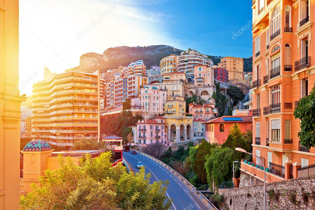 Colorful street and architecture of Monaco sun haze view, Principality of Monaco