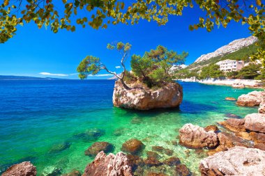 Hırvatistan 'ın Dalmaçya kenti Makarska' nın Brela kentindeki Punta Rata plajındaki Idyllic adası