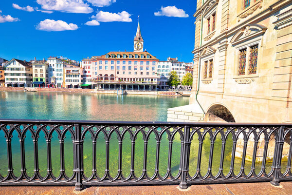 Zurich Limmat river waterfront and landmarks view, largest city in Switzerland