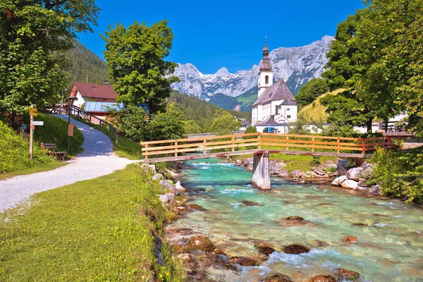 Sankt Sebastian pilgrimage church with alpine turquoise river al — Stock Photo, Image