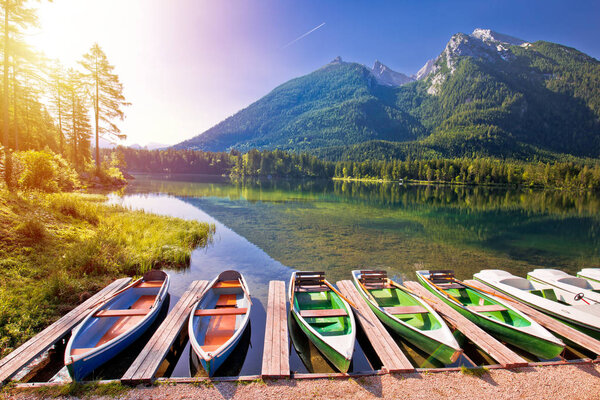 Colorful boats on Hintersee lake in Berchtesgaden Alpine landsca