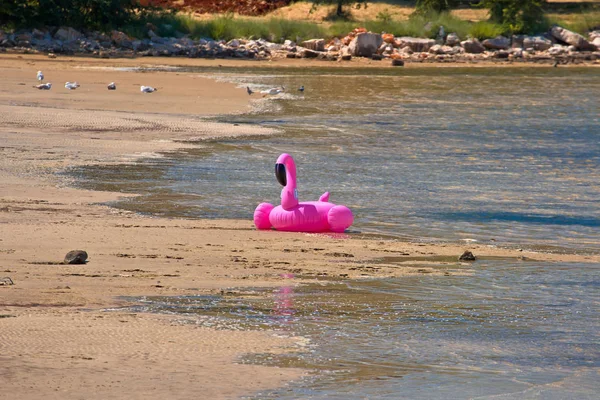Anillo de baño de flamenco rosa abandonado en la playa de arena — Foto de Stock
