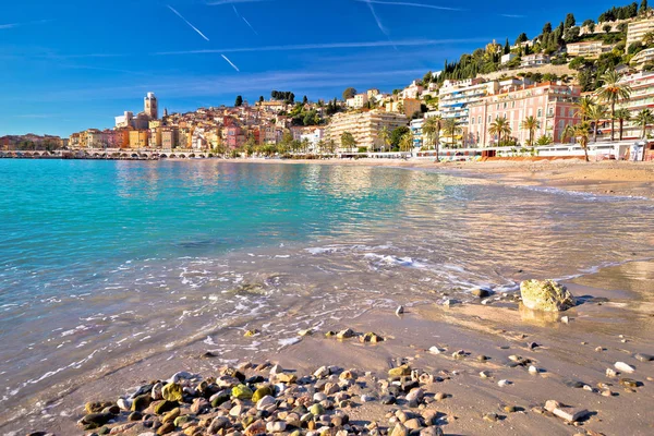 Colorful Cote d Azur town of Menton beach and architecture view — Stock Photo, Image