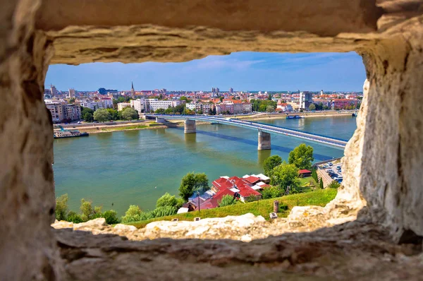 City Of Novi Sad and Danube river aerial view through stone wind — Stock Photo, Image