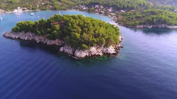 Imágenes aéreas del paisaje de la isla de Korcula y la cala turquesa de Gradina cerca de Vela Luka, archipiélago del sur de Dalmacia, Croacia — Vídeo de stock