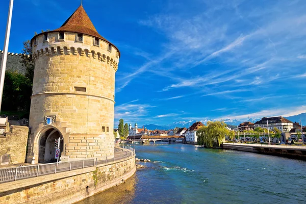 Nolliturm tower and Reuss river waterfront in Lucerne view — Stock Photo, Image