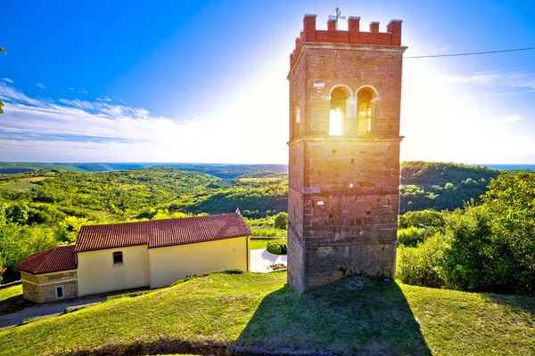 Stone tower of Krasica and istrian green landscape view, — Stock Photo, Image