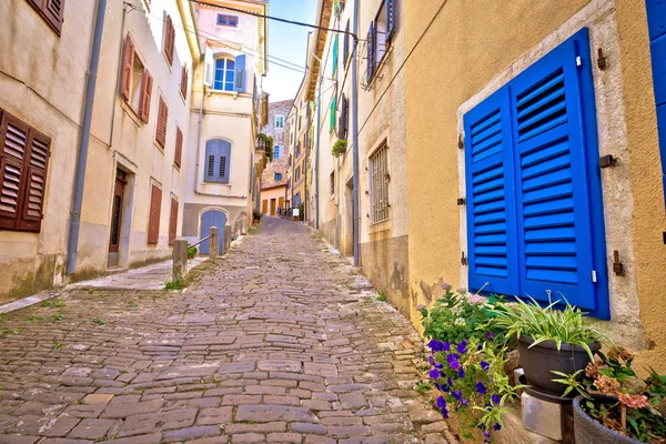 Motovun. Asfalterad färgglad gata i gamla stan i Motovun — Stockfoto