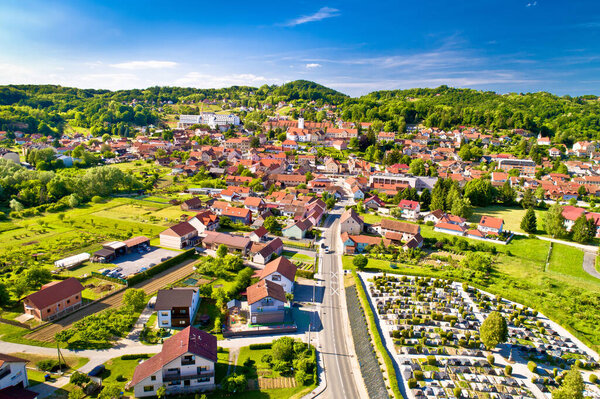 Town of Varazdinske Toplice in green hillside landscape aerial view, Zagorje region of northern Croatia