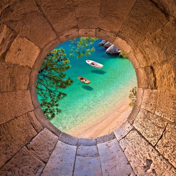 Hiden Beach Brela Boats Emerald Sea Aerial View Stone Window — Stock Photo, Image