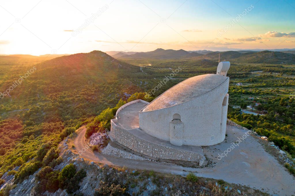Okit hill church near town of Vodice aerial view, Dalmatia region of Croati