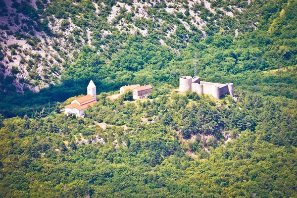 Historic Drivenik Fortress Church Hill Vinodol Valley Aerial View Kvarner — Stock Photo, Image