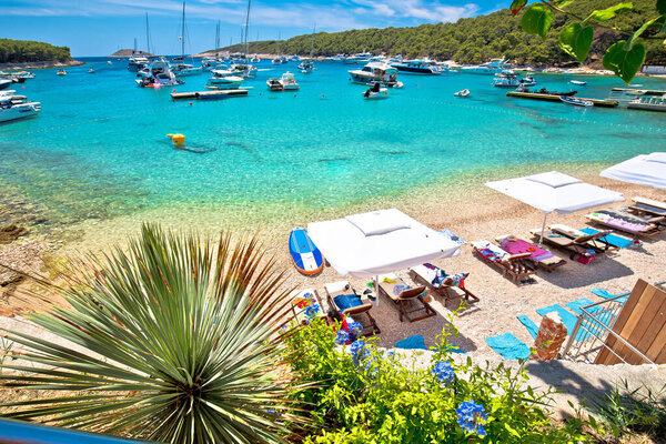 Palmizana turquoise beach on Pakleni Otoci islands yachting destination view, Hvar archipelago of Croatia
