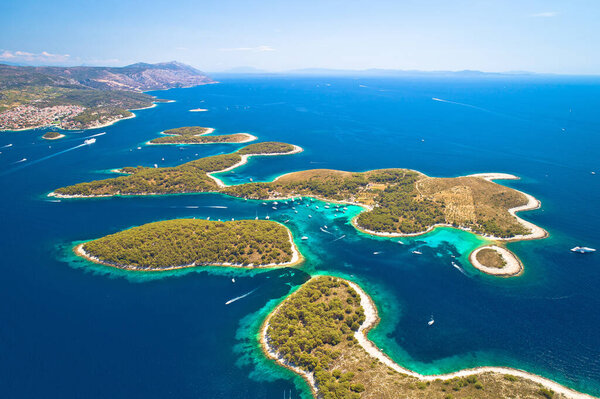 Pakleni otoci yachting destination arcipelago aerial view, Hvar island, Dalmatia region of Croatia