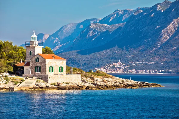 Faro Sucuraj Isla Hvar Vista Fondo Montaña Biokovo Región Dalmacia — Foto de Stock