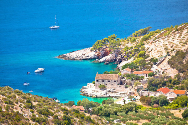 Idyllic beach in hidden cove of Dubovica on Hvar island air view, Dalmatia archipelago of Croatia