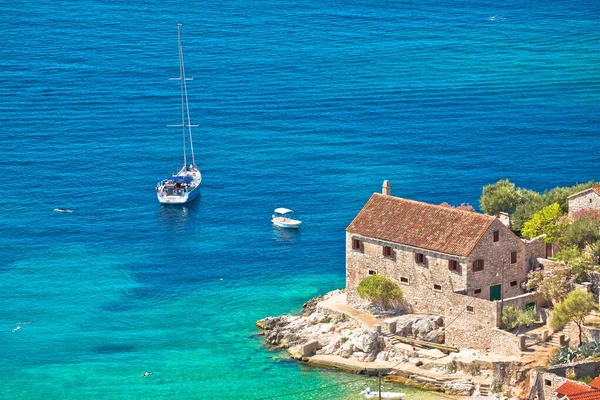 Navegación Cala Oculta Dubovica Isla Hvar Vista Aérea Archipiélago Dalmacia —  Fotos de Stock