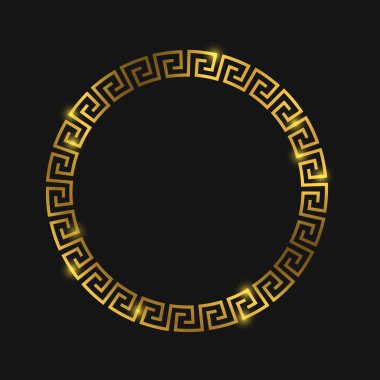 Golden round greek frame for design. Greek gold ornament on black. Vector illustration clipart