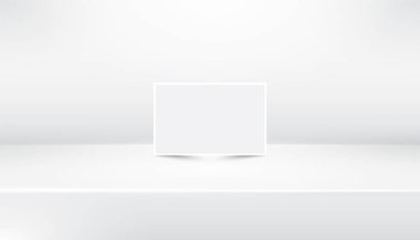 Reklam için beyaz kağıt levha ile boş soyut showroom arka plan beyaz. Vektör şablonu sahte. 3d studio göstermek, sahne, tablo, platformu