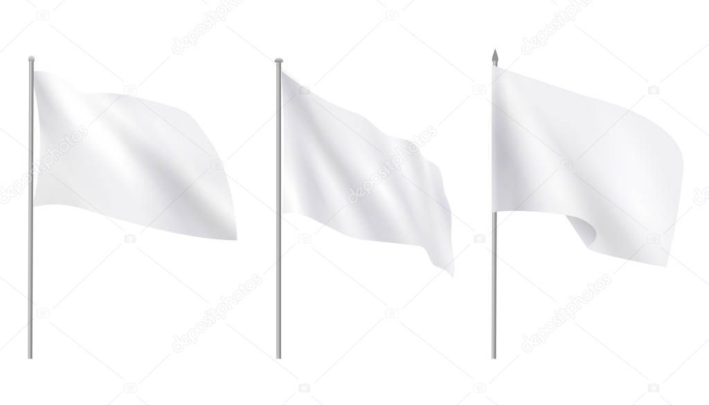 Realistic white advertising textile flags, various clean empty w