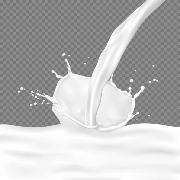 Vector 3d flow realistic of milk with splatters, yogurt mixing, — Stock Vector