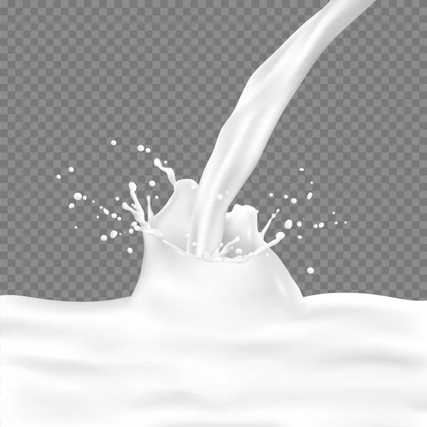 Vector flow 3d realistic of milk with splatters, yogurt mixing, — Stock Vector