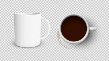 Üstten beyaz kahve fincanı ve beyaz fincan manzarası ve kahve masası.