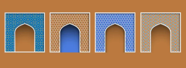 Marco de arco de estilo árabe, conjunto de ele arquitectónico ornamentado islámico — Vector de stock