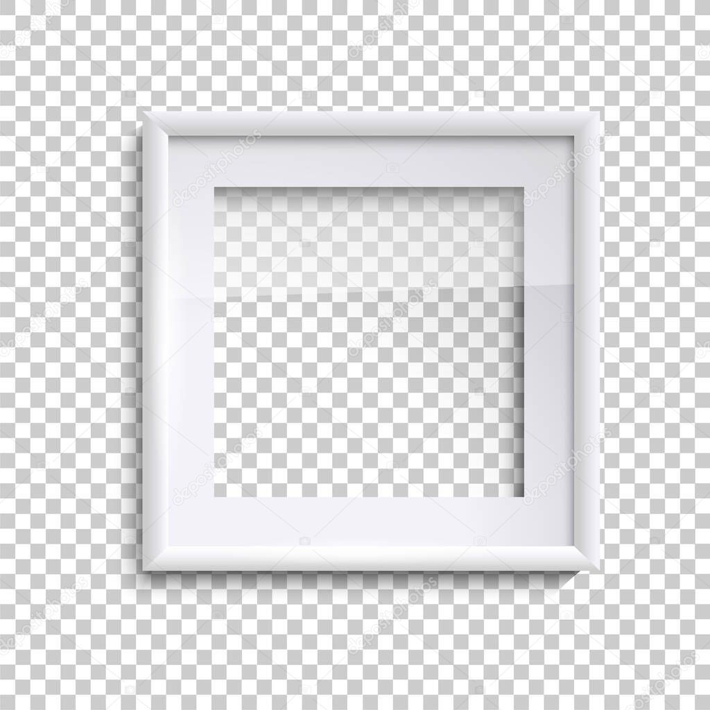 Blank white picture frame with glass, square empty picture frame. White picture frame mockup template isolated on transparent background. Vector illustration