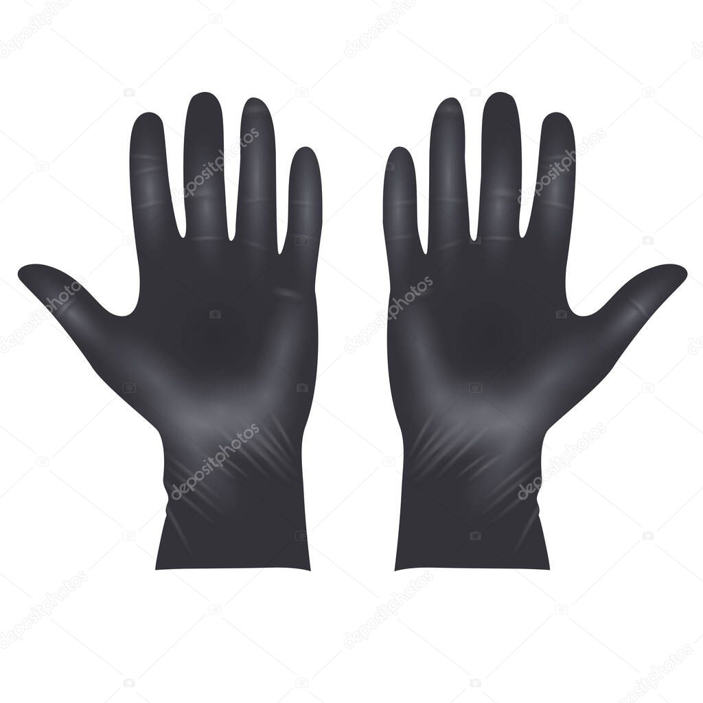 Medical latex protective gloves, realistic black gloves . Details 3d style medical gloves. Vector illustration