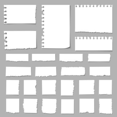 Yırtık kağıt parçaları, kağıt kırıntıları, yırtık kağıtlar, not defteri kağıdı parçaları. Dokulu not kâğıdı, defter parçalama. Vektör izole edilmiş kağıt parçaları ayarladı