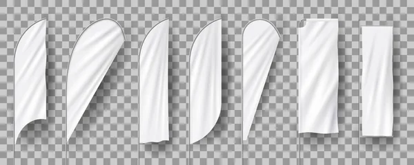 白い空の羽の旗 垂直方向のバナースタンド 3Dリアルなモックアップ 繊維のベクトルセットの広告バナー フラグを振って — ストックベクタ