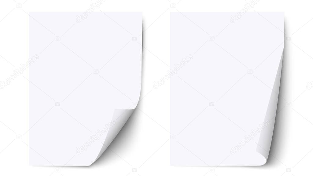 White blank sheet paper with curled corner and shadow, paper sheet  mockups. Realistic A4 blank bent template isolated on white. Vector set