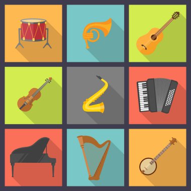 Müzik aletleri, düz vektör set.