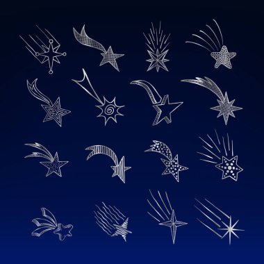 Elle çizilmiş vektör kümesi doodle gece gökyüzü arka plan üzerinde Gümüş Yıldız ve kuyruklu yıldızlar simgeler koleksiyonu. Çocuklar stil skethes.