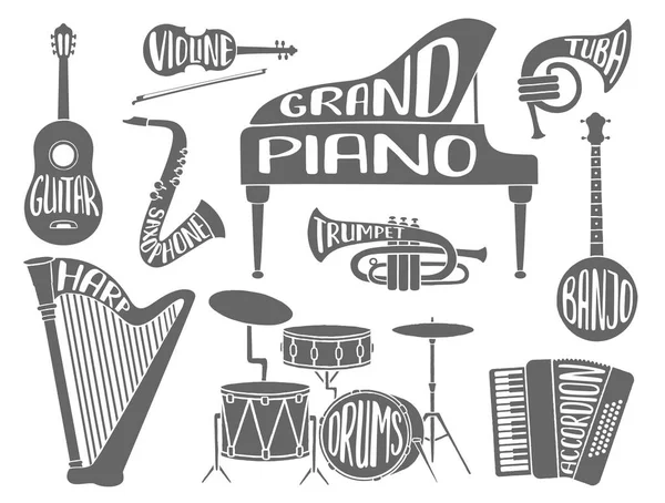 Conjunto de instrumentos musicais com letras com os nomes dos instrumentos: piano, gutar, violino, bateria, isolado em um fundo wite . — Vetor de Stock