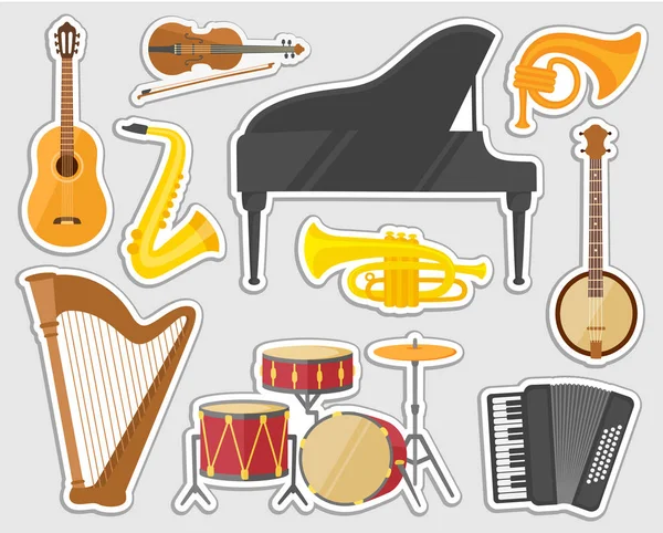 Set cartoon muziekinstrumenten stickers. — Stockvector