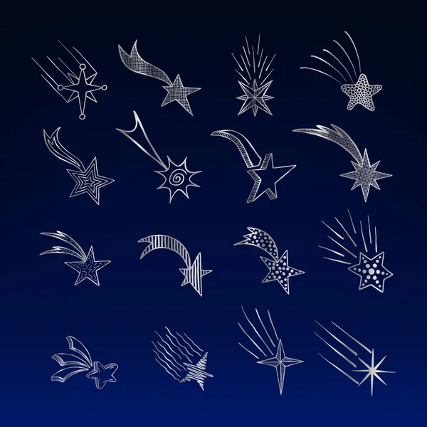 Set of hand drawn vector doodle silver stars and comets icons collection on a night sky background. Kids style skethes. — Stock Vector