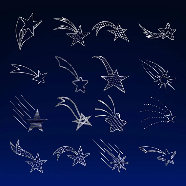 Conjunto de mano dibujado vector garabato estrellas de plata y cometas colección de iconos sobre un fondo de cielo nocturno. Skethes estilo niños . — Vector de stock