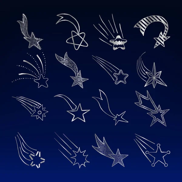 Set di stelle d'argento scarabocchiate vettoriali disegnate a mano e comete collezione di icone su uno sfondo cielo notturno. Skethes stile bambini . — Vettoriale Stock