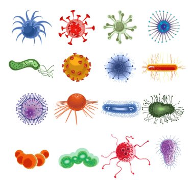 Karikatür virüsler ve bakteri vektör seti. Mikroskobik hücre, bakteri ve mikroorganizma illüstrasyonu. Beyaz arka planda yalıtılmış.