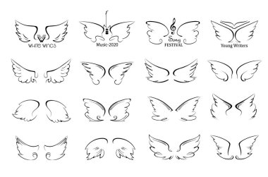 Kanatlar simge kroki seti karikatür el çizilmiş karalama tarzı beyaz bir arka plan, vektör illüstrasyon izole