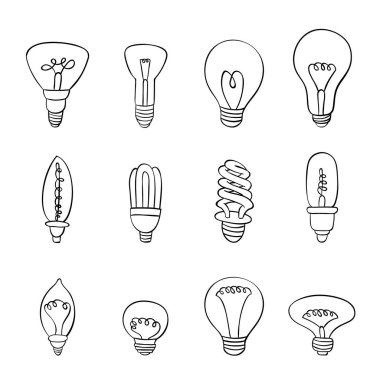 Farklı türde izole Ampuller el çizilmiş doodle ampul seti floresan, filament, halojen, diyot ve diğer aydınlatma elektrik dükkanı fikirleri.