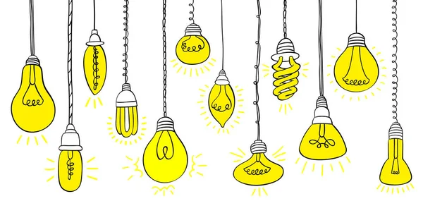 Isolerade lökar av olika slag med lätt handritade Doodle glödlampa set: fluorescerande, glödtråden, halogen, diod och andra belysning Electric Shop idéer. — Stock vektor