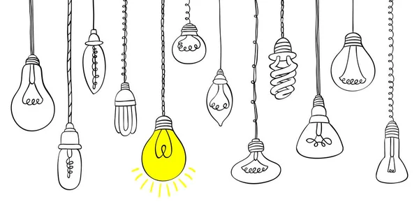 Handritade glödlampa ikoner med begreppet idé. Doodle stil. Vektor illustration. — Stock vektor