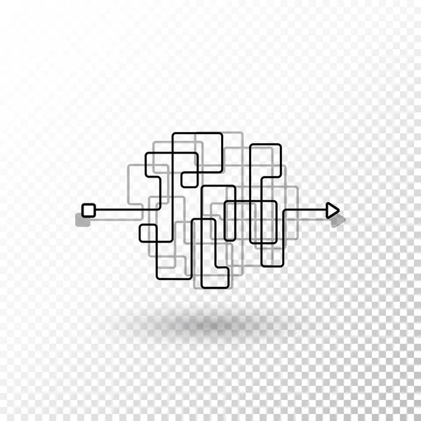 Messy lines. Complicated clew way with transparent shadow. Tangled vector path. Chaotic difficult process way illustration — Stock Vector