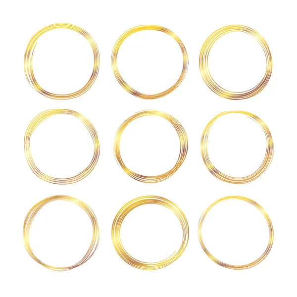 Hand drawn gold circle line sketch set. Vector circular scribble doodle golden circles for message note mark design element. — Stock Vector