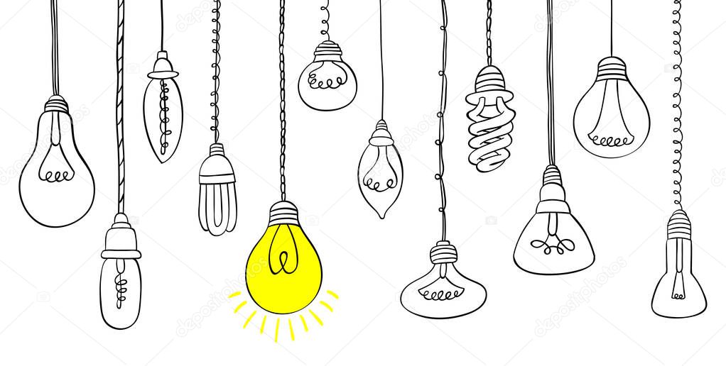 Hand drawn light bulb icons with concept of idea. Doodle style. Vector illustration.